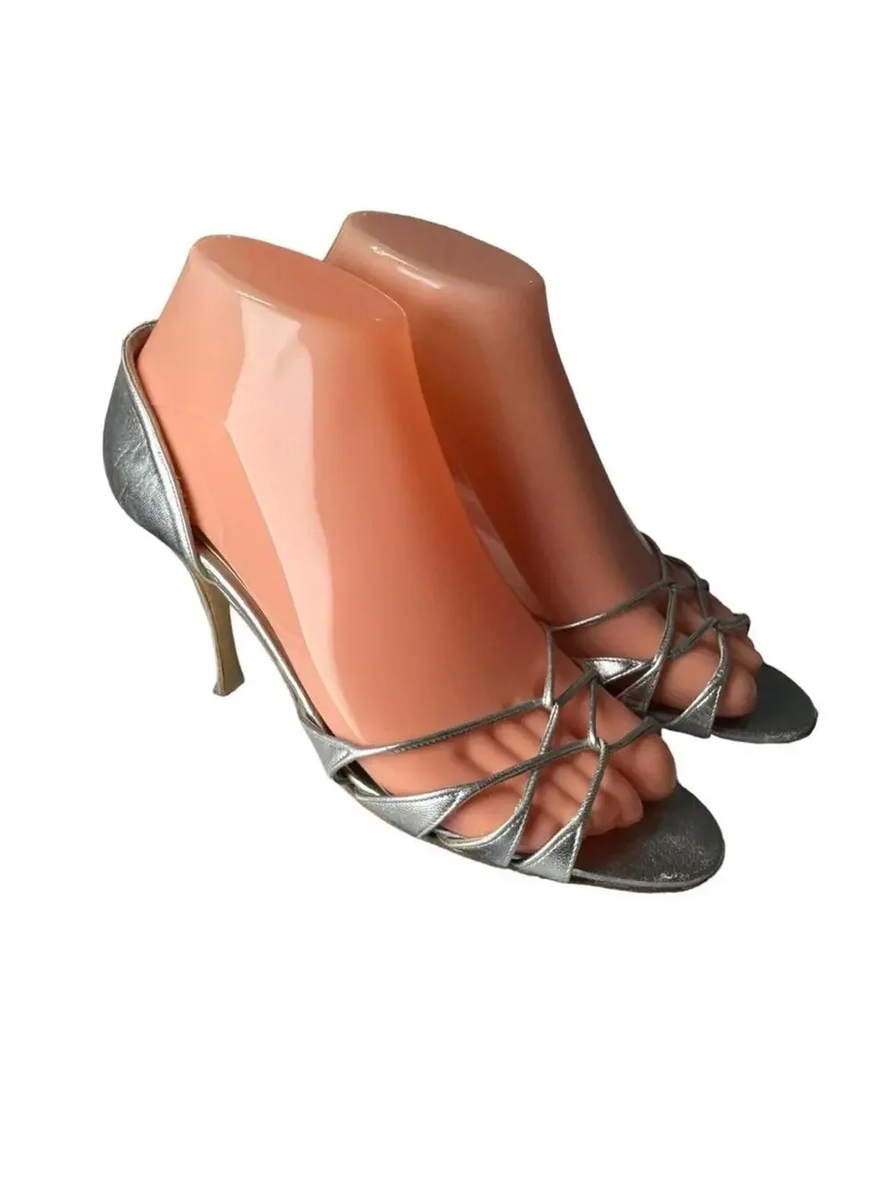 Manolo Blahnik Espinado Metallic Silver Leather D'Orsay Strappy Heels 36.5